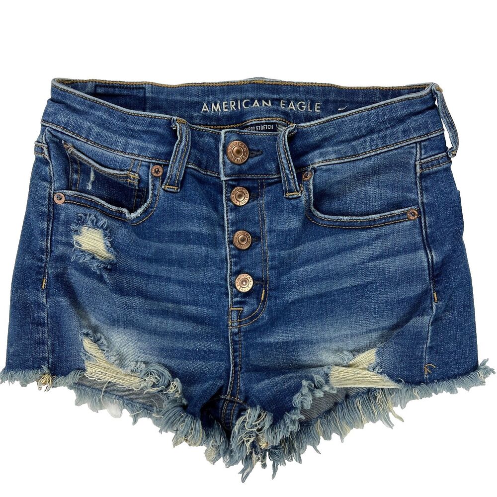American Eagle Hi Rise Shortie Distressed Denim Shorts Size 2 Button Fly Cutoff